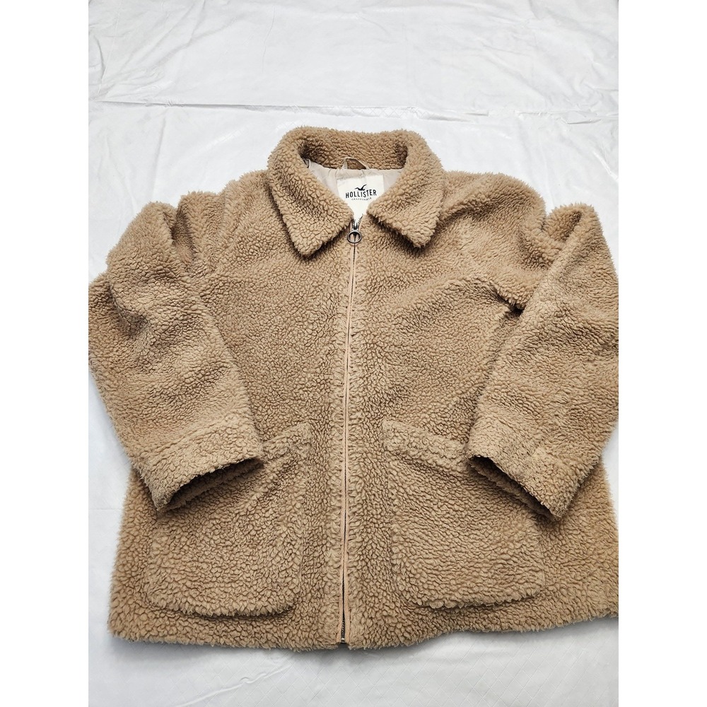 Hollister Jacket Womens Large Beige Sherpa Deep Pile Fleece Full Zip Oatmeal